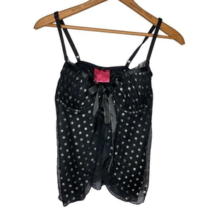 Victoria's‎ Secret 36C Black Silver Polka Dot Mesh Lace Tie Babydoll Bra Top